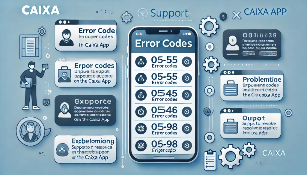 DALL·E 2024 10 28 17.11.00 A clear and informative scene showing a smartphone displaying different error codes on the Caixa app such as 05 55 0545 and 98. The screen provide