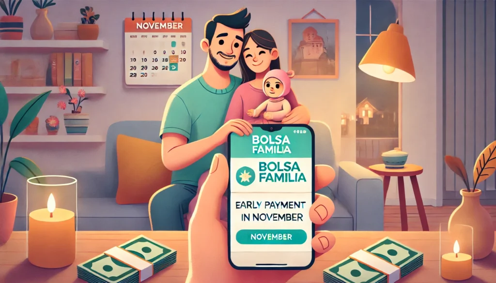 DALL·E 2024 10 28 17.31.09 A scene of a family holding a smartphone displaying the Bolsa Familia app with a notification of early payment in November. The family looks relieved