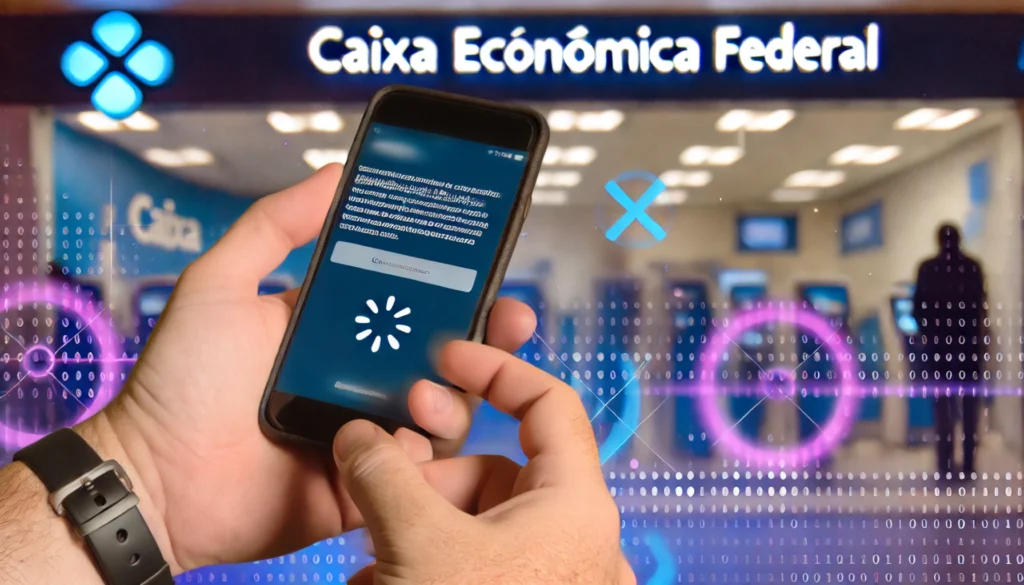 DALL·E 2024 10 29 22.31.35 A frustrated person holding a smartphone showing an error message from the Caixa Economica Federal app. The background features a blurred image of a b