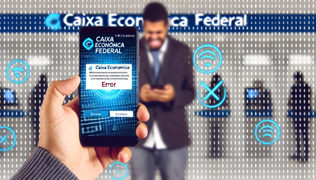 DALL·E 2024 10 29 22.31.37 A frustrated person holding a smartphone showing an error message from the Caixa Economica Federal app. The background features a blurred image of a b