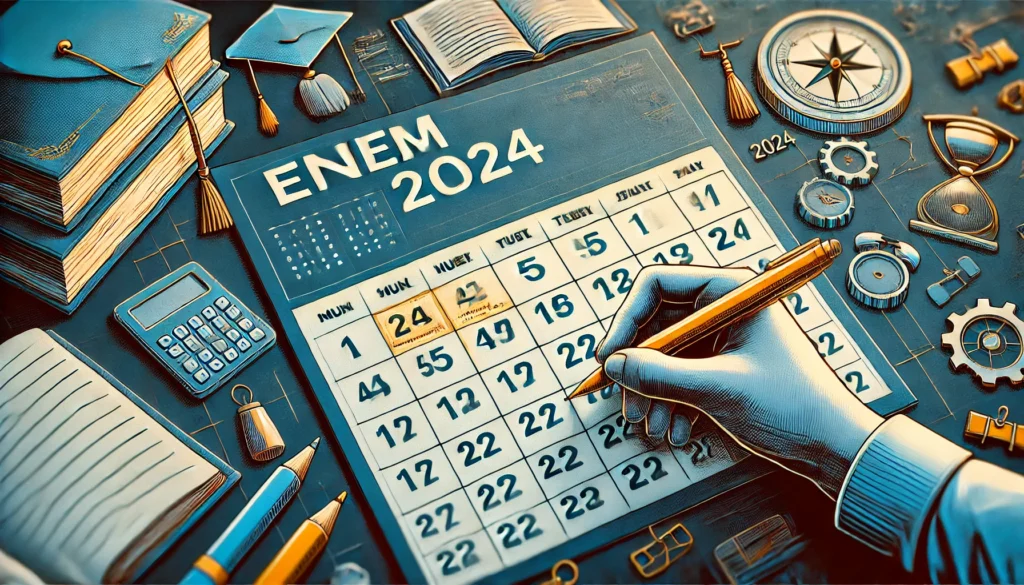 DALL·E 2024 10 29 22.35.38 A calendar page with the dates of the ENEM 2024 highlighted. The background features educational symbols like books pencils and graduation caps. A s