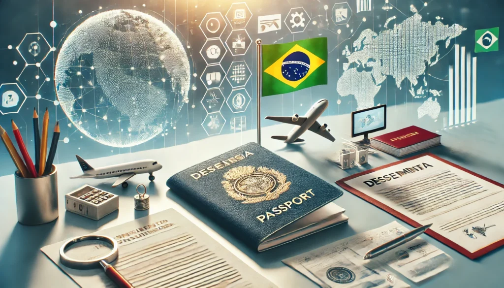 DALL·E 2024 11 02 07.24.46 A wide image representing the process of consulting and applying for a Brazilian passport in 2025. Show symbols like a passport Brazilian flag and d