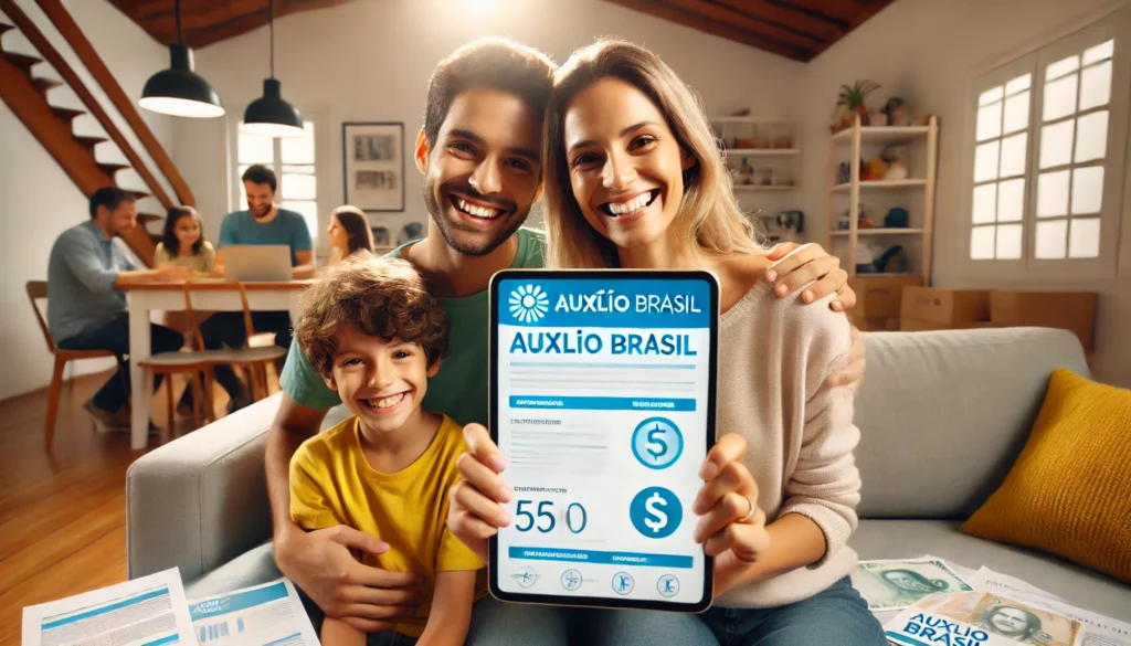 DALL·E 2024 11 05 21.38.53 A family at home smiling with a sense of relief and happiness holding a tablet or document representing the Auxilio Brasil benefit. In the backgroun