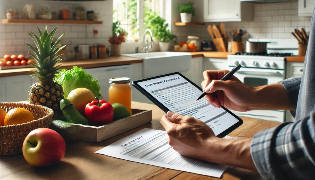 DALL·E 2024 11 05 21.40.08 A person filling out a form or using a tablet to register for a government food assistance program with a cozy kitchen in the background. Fresh heal