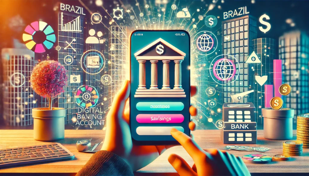 DALL·E 2024 11 07 01.52.32 A vibrant image showcasing digital banking in Brazil with a smartphone displaying a digital bank interface and background elements symbolizing access