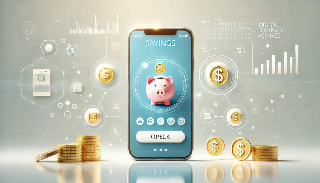 DALL·E 2024 11 07 01.57.17 A wide format image representing the concept of opening a digital savings account focusing on simplicity and accessibility. The image features a smar