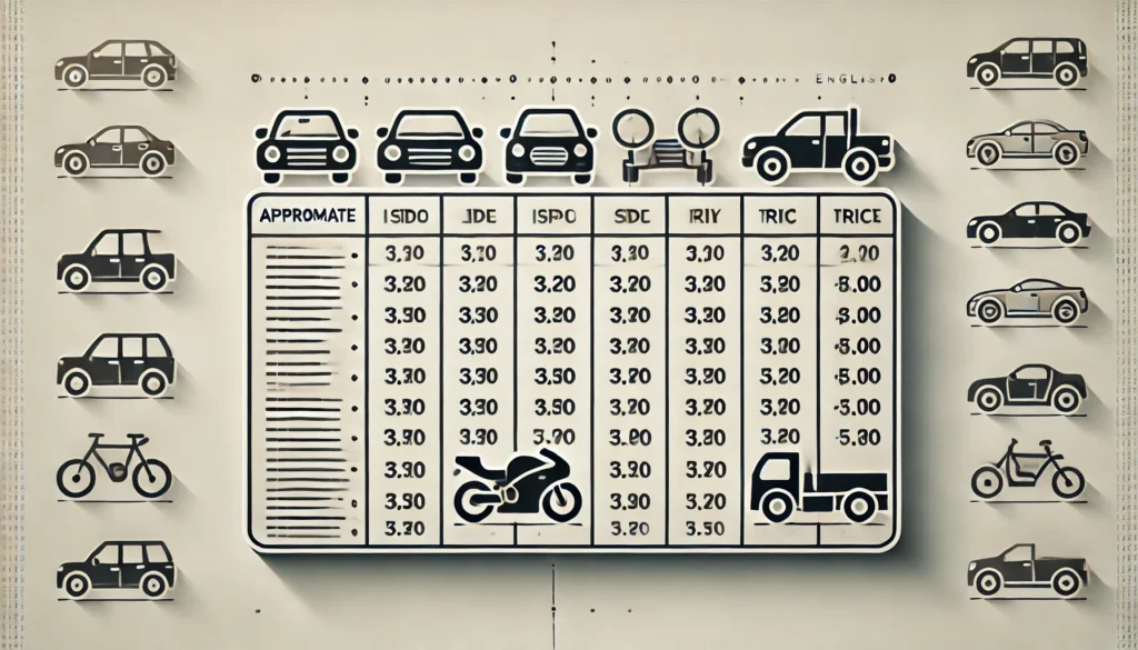 DALL·E 2024 11 12 20.28.55 A wide image of a table with columns resembling vehicle data including approximate prices and icons representing a car a motorcycle and a truck. Th