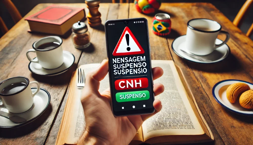 DALL·E 2024 11 15 13.18.39 Um smartphone exibindo uma mensagem de texto suspeita sobre suspensao da CNH em portugues com um icone de alerta triangulo com um ponto de exclamaca